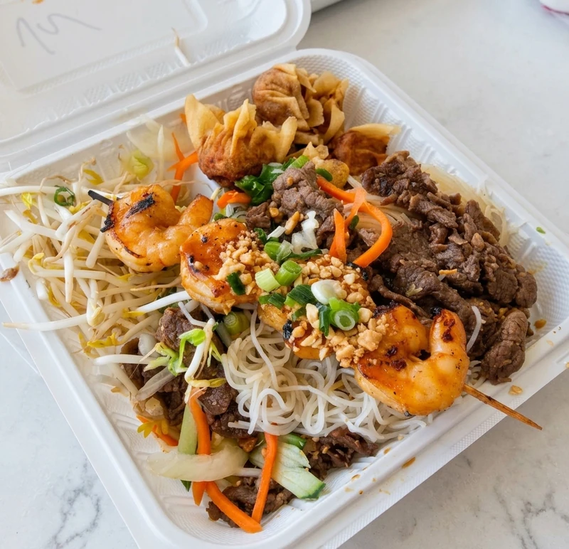 Bowl of Vietnamese rice noodle soup at S&T Vietnamese Kitchen, Southcentre Mall